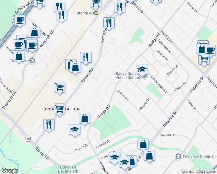 map of restaurants, bars, coffee shops, grocery stores, and more near Urwin Crescent in Oakville