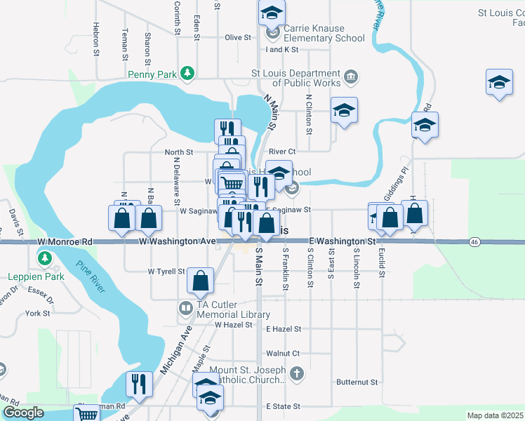 map of restaurants, bars, coffee shops, grocery stores, and more near 113 East Saginaw Street in St. Louis