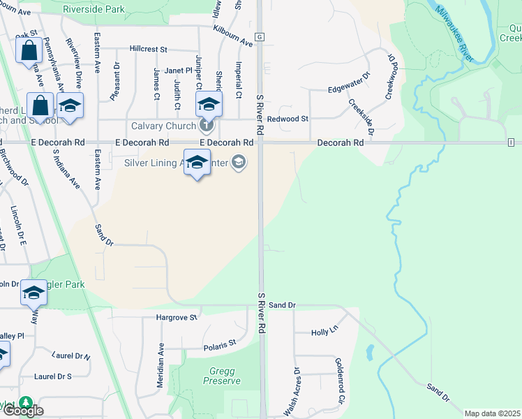 map of restaurants, bars, coffee shops, grocery stores, and more near 5982 South River Road in West Bend