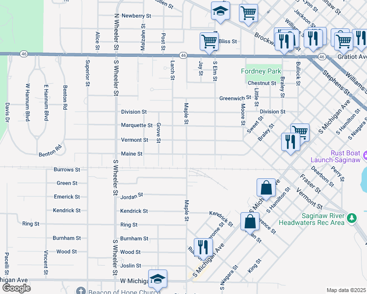 map of restaurants, bars, coffee shops, grocery stores, and more near 711 Maple Street in Saginaw
