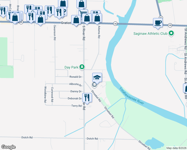 map of restaurants, bars, coffee shops, grocery stores, and more near 6951 Wegner Road in Saginaw