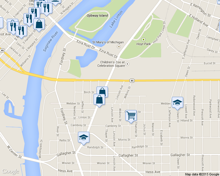 map of restaurants, bars, coffee shops, grocery stores, and more near 1924 South Washington Avenue in Saginaw