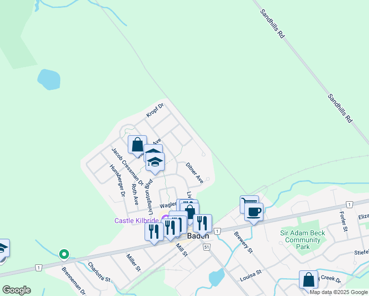 map of restaurants, bars, coffee shops, grocery stores, and more near 44 Hammacher Street in Baden