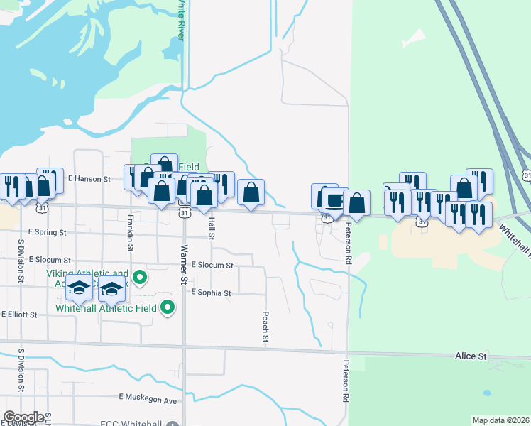 map of restaurants, bars, coffee shops, grocery stores, and more near 1024 East Colby Street in Whitehall