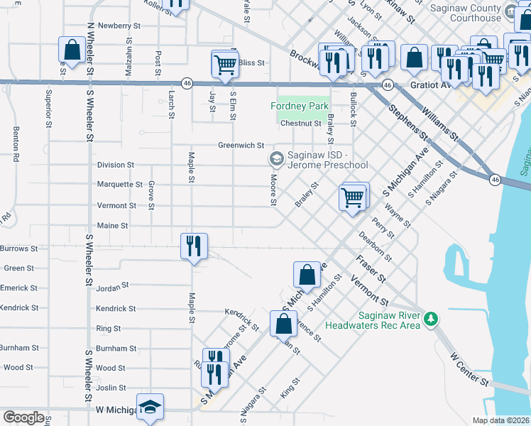 map of restaurants, bars, coffee shops, grocery stores, and more near 1404 Vermont Street in Saginaw