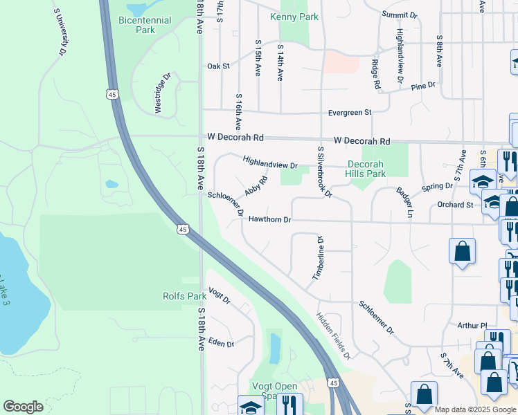 map of restaurants, bars, coffee shops, grocery stores, and more near 861 Abby Road in West Bend