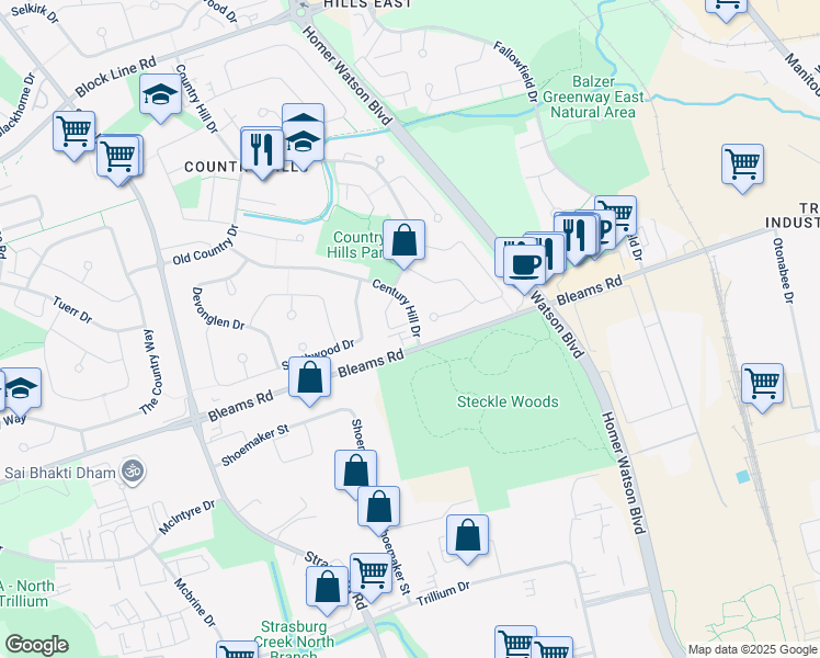 map of restaurants, bars, coffee shops, grocery stores, and more near in Kitchener