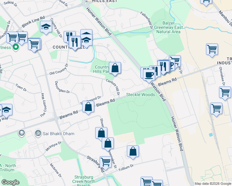 map of restaurants, bars, coffee shops, grocery stores, and more near 190 Century Hill Drive in Kitchener