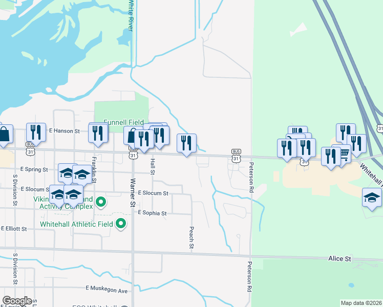 map of restaurants, bars, coffee shops, grocery stores, and more near 1024 East Colby Street in Whitehall