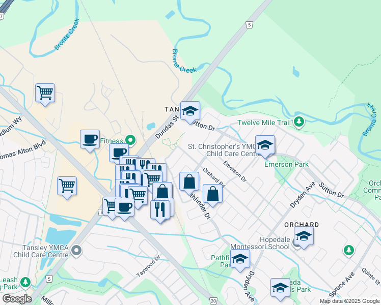 map of restaurants, bars, coffee shops, grocery stores, and more near 2435 Orchard Road in Burlington