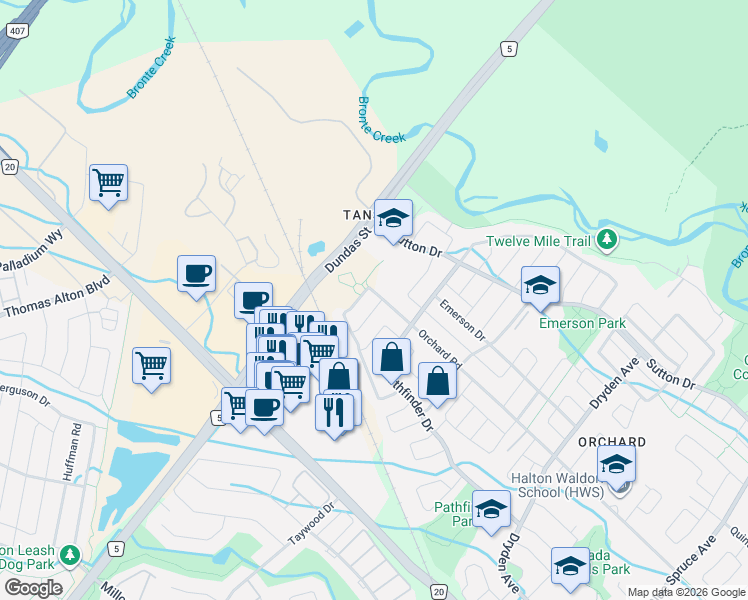 map of restaurants, bars, coffee shops, grocery stores, and more near 5235 Autumn Harvest Way in Burlington