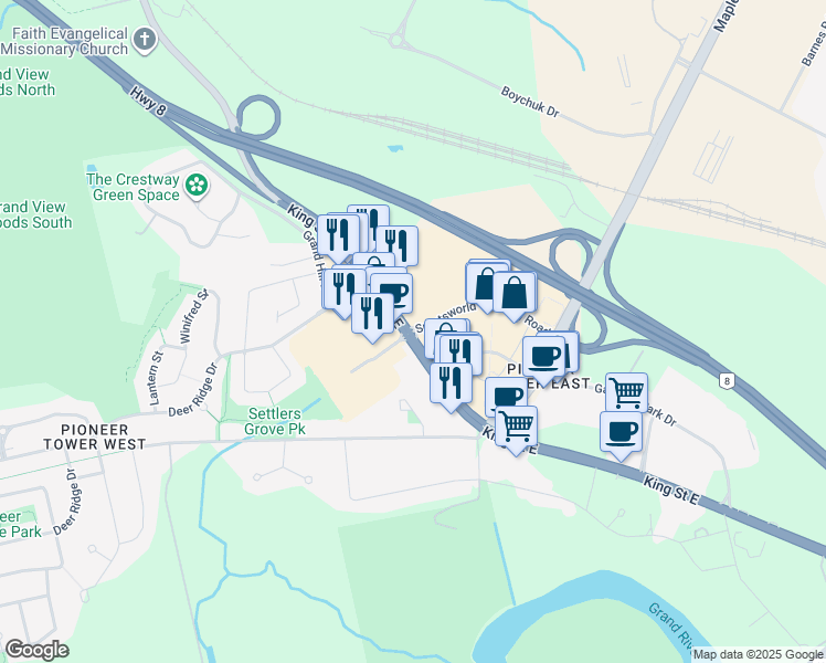 map of restaurants, bars, coffee shops, grocery stores, and more near 4278 King Street East in Kitchener