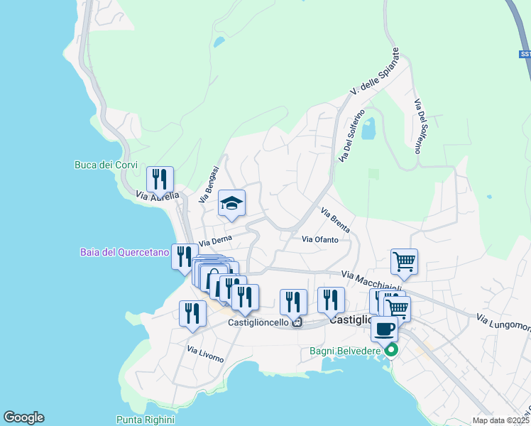 map of restaurants, bars, coffee shops, grocery stores, and more near 33 Via Tagliamento in Rosignano Solvay-Castiglioncello