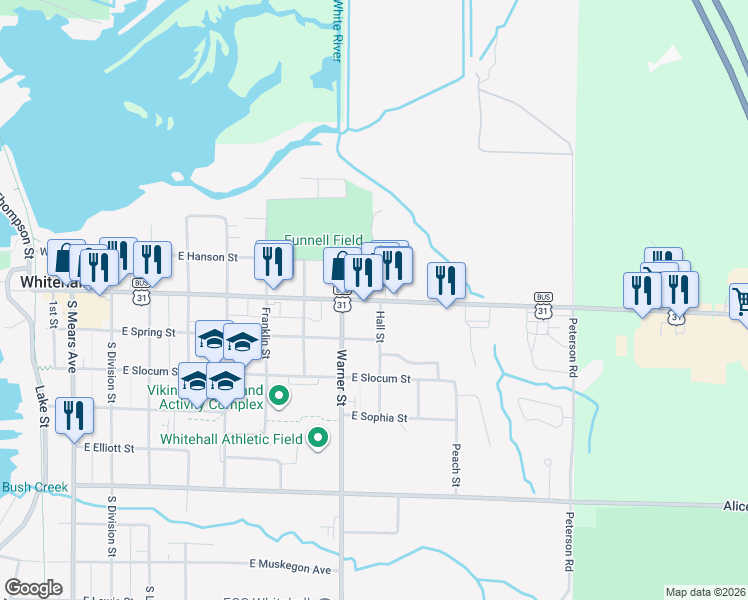 map of restaurants, bars, coffee shops, grocery stores, and more near 1024 East Colby Street in Whitehall