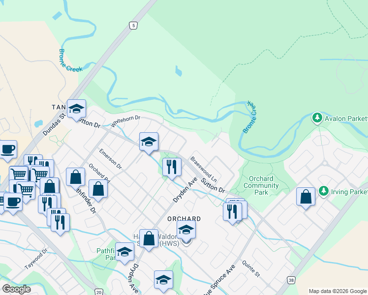 map of restaurants, bars, coffee shops, grocery stores, and more near 2395 Whitehorn Drive in Burlington