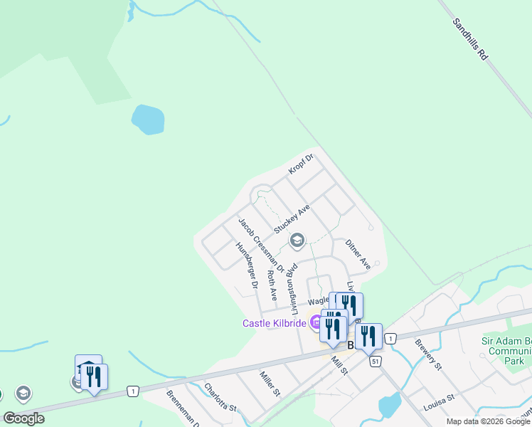 map of restaurants, bars, coffee shops, grocery stores, and more near 126 Goldschmidt Crescent in Baden