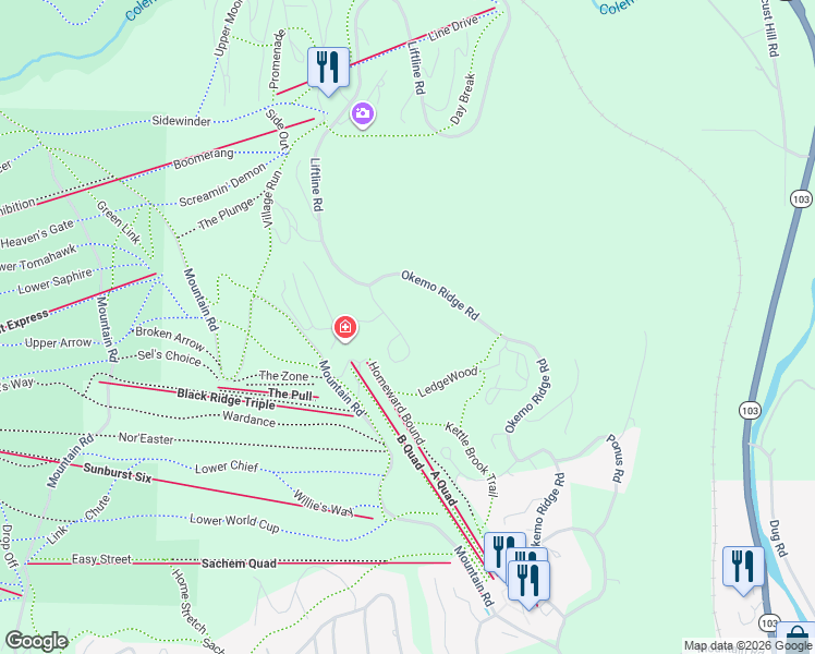 map of restaurants, bars, coffee shops, grocery stores, and more near 49 White Loop in Windsor County
