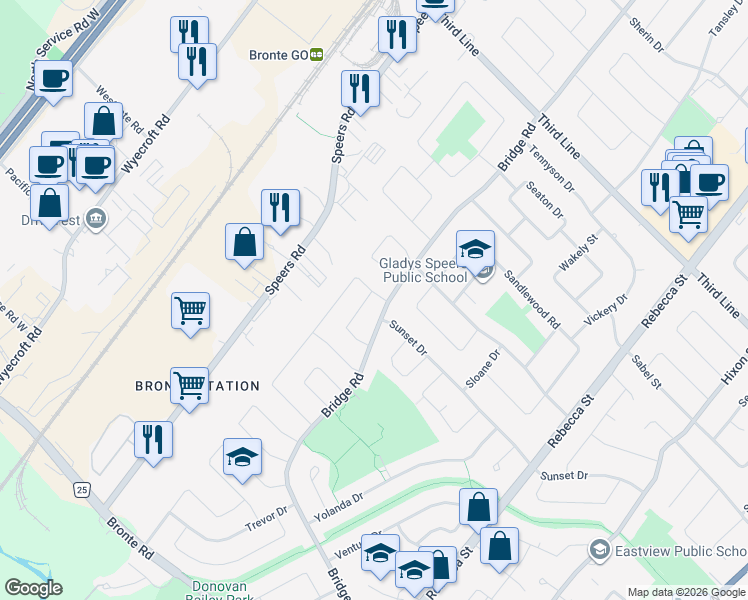 map of restaurants, bars, coffee shops, grocery stores, and more near 2212 Urwin Crescent in Oakville