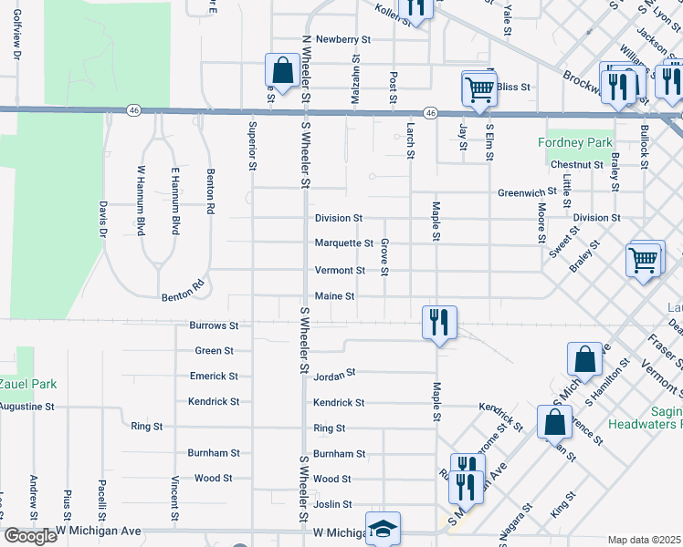 map of restaurants, bars, coffee shops, grocery stores, and more near 1911 Vermont Street in Saginaw