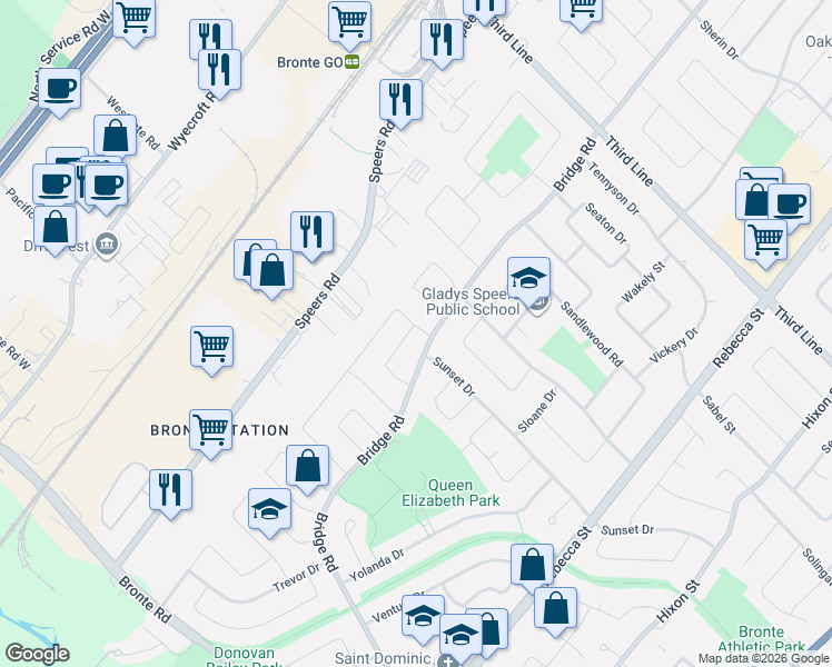 map of restaurants, bars, coffee shops, grocery stores, and more near 2212 Urwin Crescent in Oakville