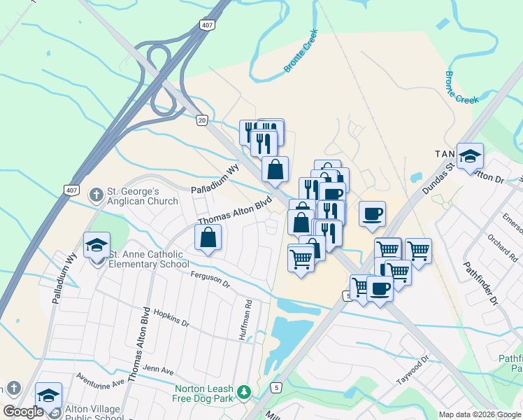 map of restaurants, bars, coffee shops, grocery stores, and more near 3200 Dakota Common in Burlington