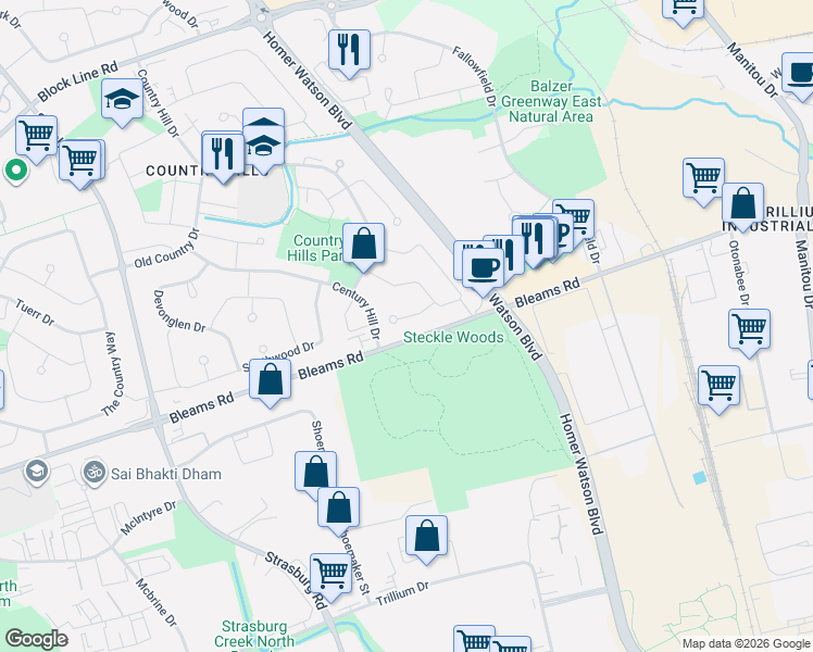 map of restaurants, bars, coffee shops, grocery stores, and more near 9 Primrose Path in Kitchener