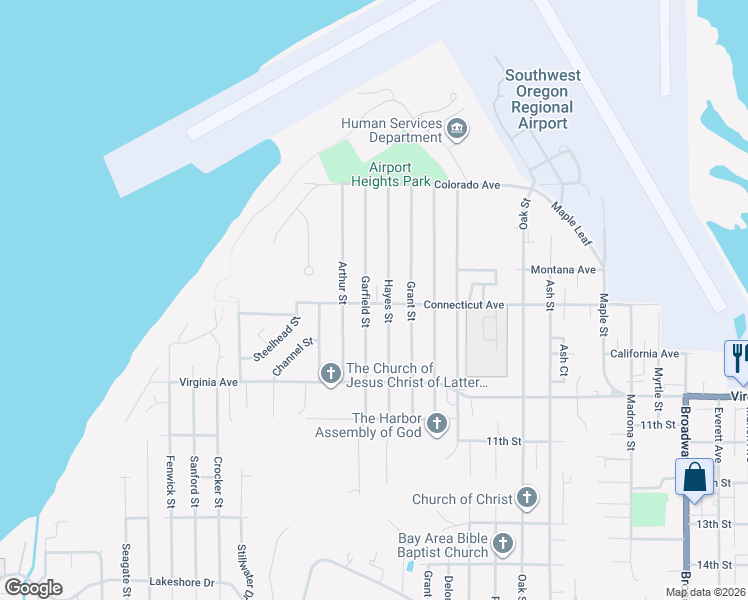 map of restaurants, bars, coffee shops, grocery stores, and more near 1756 Hayes Street in North Bend