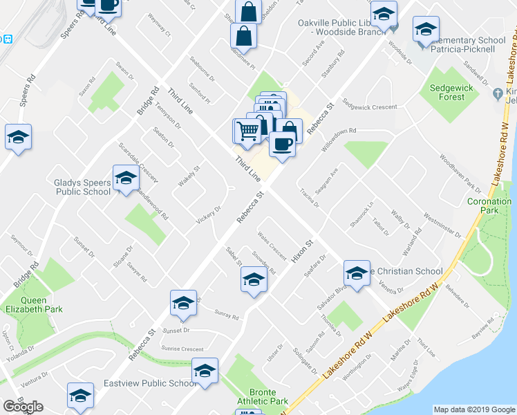map of restaurants, bars, coffee shops, grocery stores, and more near 2026 Rebecca Street in Oakville
