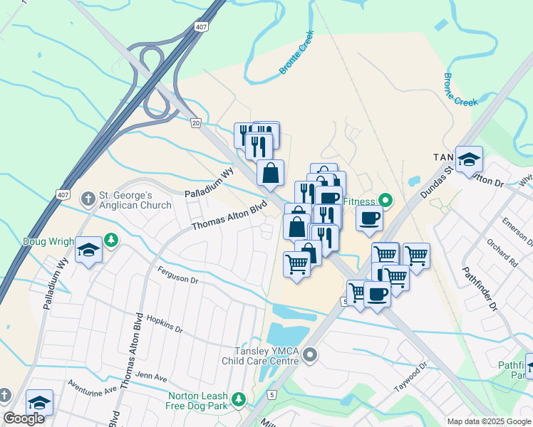 map of restaurants, bars, coffee shops, grocery stores, and more near in Burlington