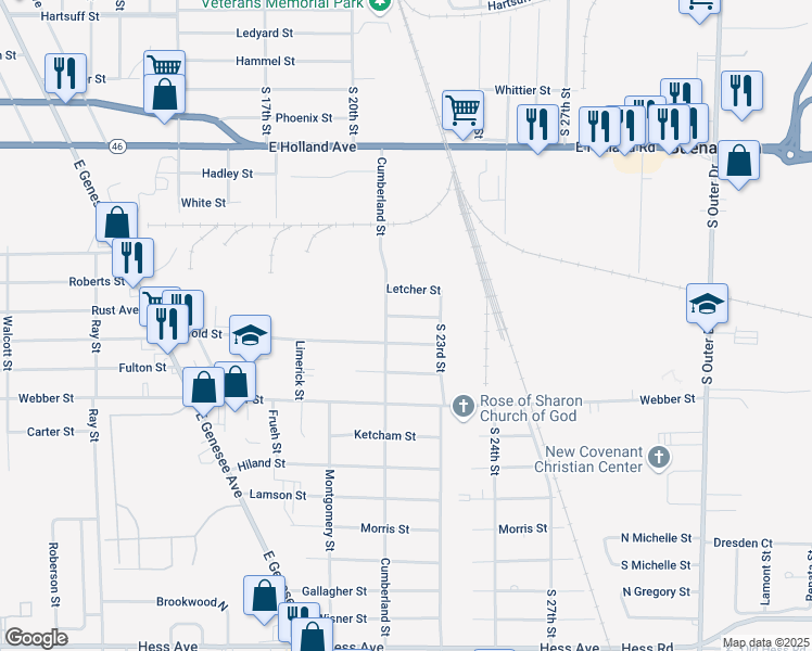 map of restaurants, bars, coffee shops, grocery stores, and more near 4111 Pemberton Street in Saginaw
