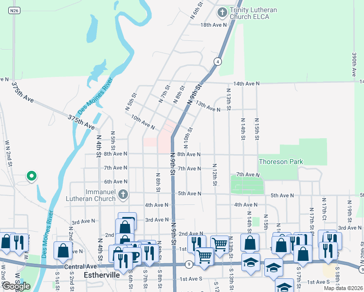 map of restaurants, bars, coffee shops, grocery stores, and more near 1026 North 10th Street in Estherville