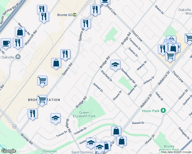 map of restaurants, bars, coffee shops, grocery stores, and more near 2208 Bridge Road in Oakville
