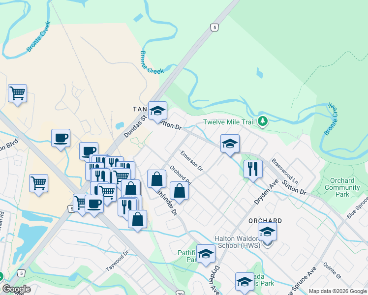 map of restaurants, bars, coffee shops, grocery stores, and more near 2412 Curtis Road in Burlington