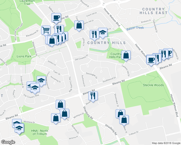 map of restaurants, bars, coffee shops, grocery stores, and more near 94 Devonglen Drive in Kitchener