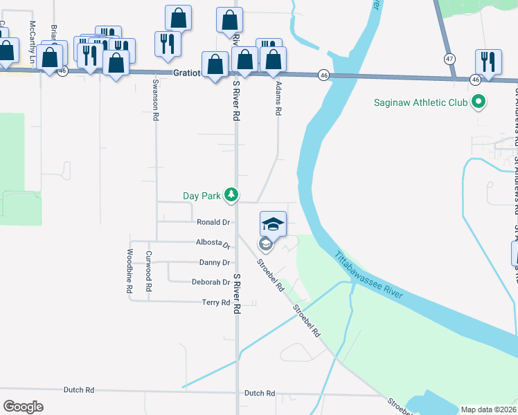 map of restaurants, bars, coffee shops, grocery stores, and more near 6951 Wegner Road in Saginaw