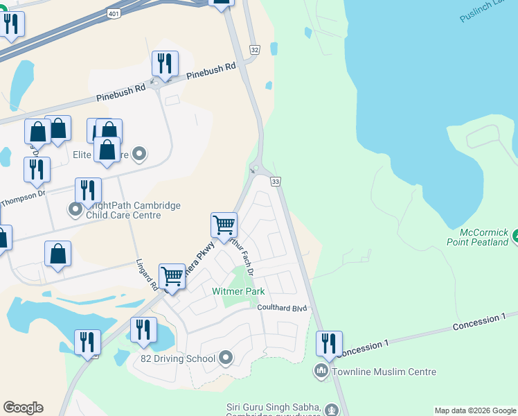 map of restaurants, bars, coffee shops, grocery stores, and more near 23 Longspur Way in Cambridge