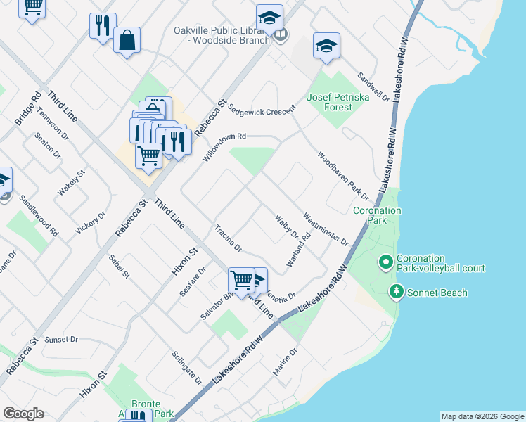 map of restaurants, bars, coffee shops, grocery stores, and more near 168 Walby Drive in Oakville