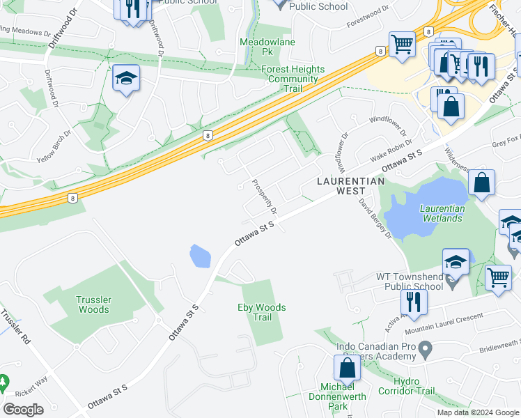 map of restaurants, bars, coffee shops, grocery stores, and more near 16 Mahogany Street in Kitchener