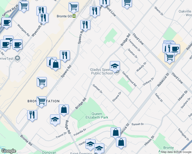 map of restaurants, bars, coffee shops, grocery stores, and more near 2202 Bridge Road in Oakville