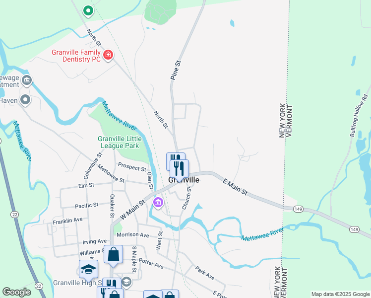 map of restaurants, bars, coffee shops, grocery stores, and more near 24 North Street in Granville