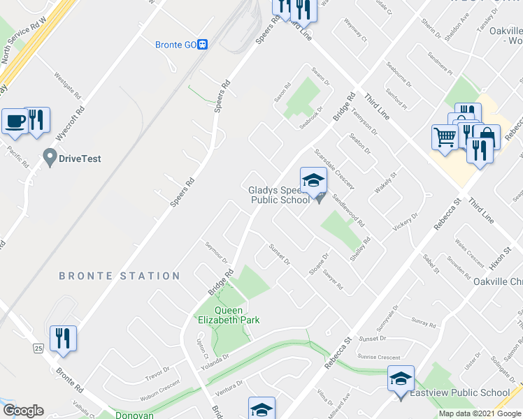 map of restaurants, bars, coffee shops, grocery stores, and more near 2202 Bridge Road in Oakville