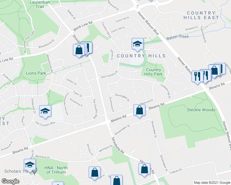 map of restaurants, bars, coffee shops, grocery stores, and more near 94 Devonglen Drive in Kitchener