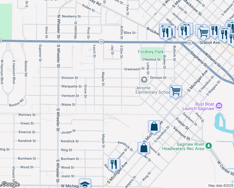 map of restaurants, bars, coffee shops, grocery stores, and more near 1516 Vermont Street in Saginaw