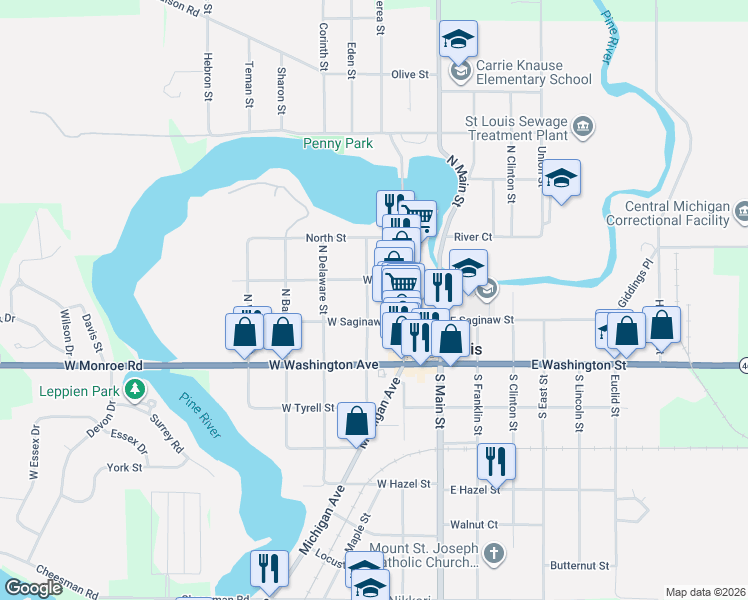 map of restaurants, bars, coffee shops, grocery stores, and more near 215 North Pine Street in St. Louis