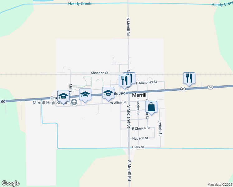 map of restaurants, bars, coffee shops, grocery stores, and more near 148 West Saginaw Street in Merrill