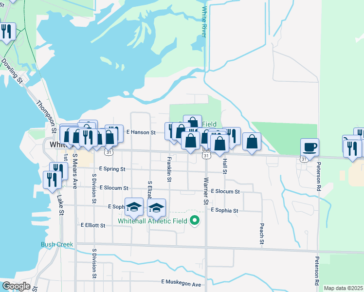 map of restaurants, bars, coffee shops, grocery stores, and more near 612 East Colby Street in Whitehall