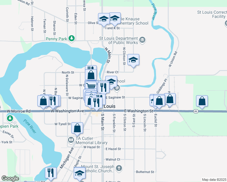 map of restaurants, bars, coffee shops, grocery stores, and more near 113 East Saginaw Street in St. Louis