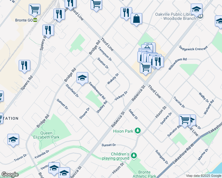 map of restaurants, bars, coffee shops, grocery stores, and more near 373 Salisbury Drive in Oakville