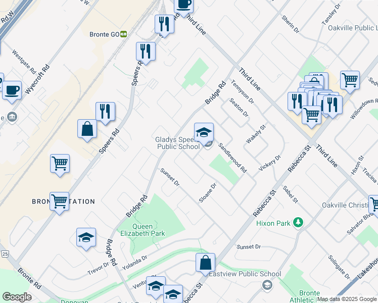 map of restaurants, bars, coffee shops, grocery stores, and more near 459 Stanfield Drive in Oakville