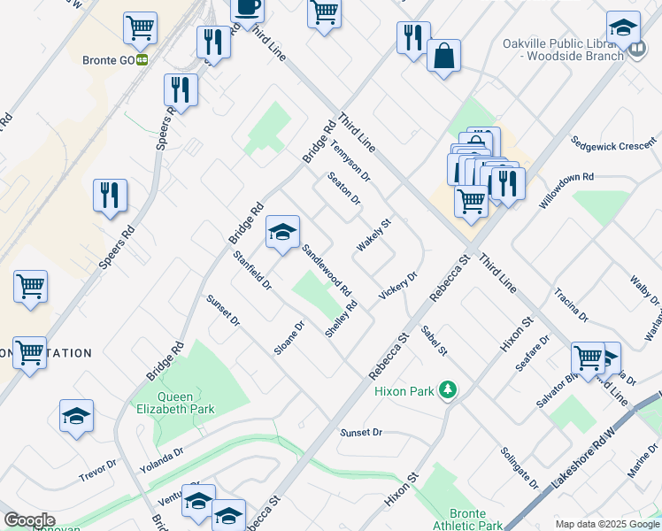 map of restaurants, bars, coffee shops, grocery stores, and more near 397 Sandlewood Road in Oakville